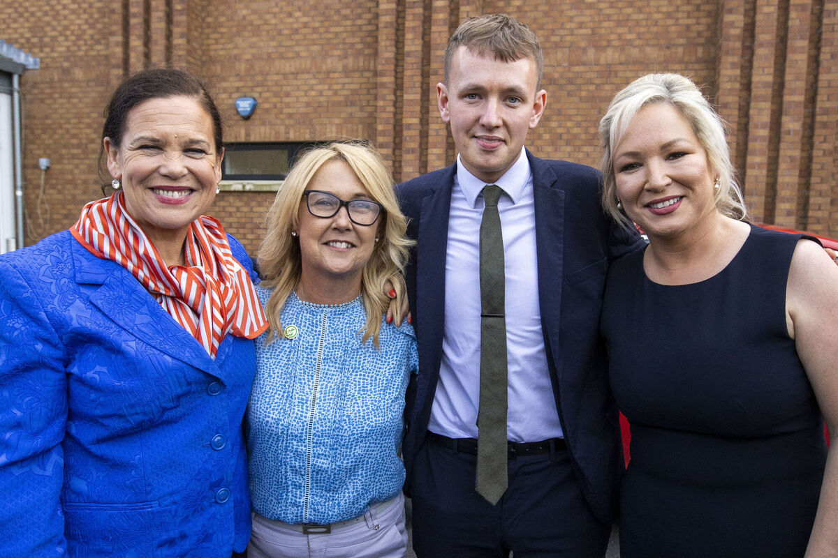 Sinn Féin president Mary Lou McDonald at the count centre in Magherafelt at the weekend with MLAs Ciara Ferguson, Pádraig Delargy, and Michelle O'Neill who is the party's leader in the North, and is set to become First Minister. Picture: Liam McBurney/PA Sinn Féin president Mary Lou McDonald at the count centre in Magherafelt at the weekend with MLAs Ciara Ferguson, Pádraig Delargy, and Michelle O'Neill who is the party's leader in the North, and is set to become First Minister. Picture: Liam McBurney/PA