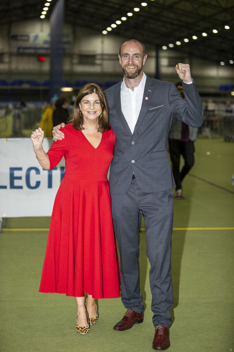 SDLP MLAs Sinéad McLaughlin and Mark Durkan celebrate at Meadowlands Arena, Magherafelt. Picture: Liam McBurney/PA