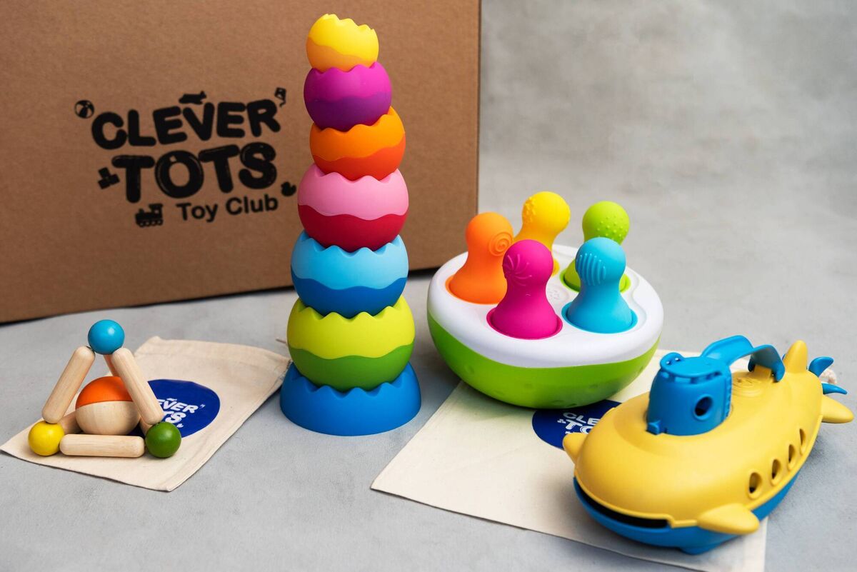 A sample of the goodies in a monthly box from Clever Tots Toy Club 