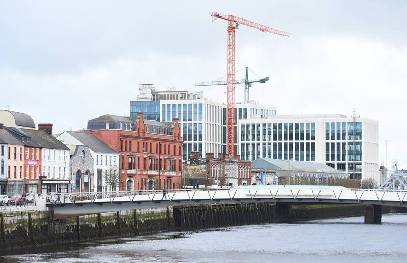 St Patrick's Quay,with the rear of The Metropole Hotel,Cork ,the Mary Elmes Bridge,Penrose Wharf and Penrose Dock‍ (under construction) all visible.‌ Pic; larry Cummins