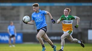 <p>David Lucey of Dublin in action against Luke Kelly of Offaly during the Electric Ireland Leinster GAA Minor Football Championship Semi-Final match between Dublin and Offaly at Parnell Park in Dublin. Photo by Seb Daly/Sportsfile</p>