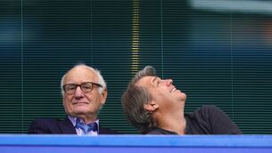 <p>Chelsea chairman Bruce Buck (left) and prospective owner Todd Boehly in the stands during the Premier League match at Stamford Bridge.</p>