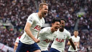 <p>The main men: Tottenham Hotspur's Harry Kane celebrates scoring his side's first goal of the game with strike partner Heung Min Son at Tottenham Hotspur Stadium.</p>