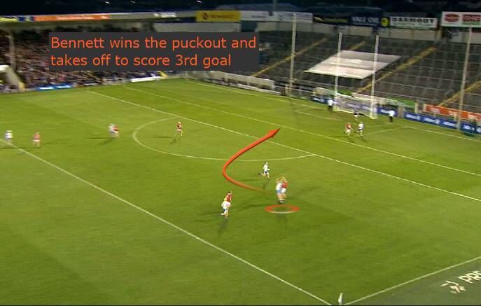 Stephen Bennett heads for goal against Cork in the league final Stephen Bennett heads for goal against Cork in the league final