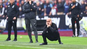 <p>LONDON, ENGLAND - MAY 15: Pep Guardiola, Manager of Manchester City reacts during the Premier League match between West Ham United and Manchester City at London Stadium on May 15, 2022 in London, England. (Photo by Clive Rose/Getty Images)</p>