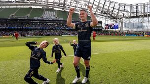 <p>Heineken Champions Cup Semi-Final, Aviva Stadium, Dublin 14/5/2022. Leinster vs Toulouse. Leinster's Johnny Sexton celebrates after the game with his kids Luca, Amy, Sophie after the game. ©INPHO/Dan Sheridan</p>