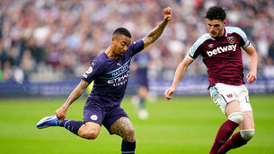 <p>Manchester City's Gabriel Jesus (left) and West Ham United's Declan Rice battle for the ball during the Premier League match at London Stadium, London. Photo credit: Adam Davy/PA Wire.</p>