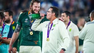 <p> South Africa's RG Snyman celebrates with Rassie Erasmus after the 2019 Rugby World Cup Final.</p>