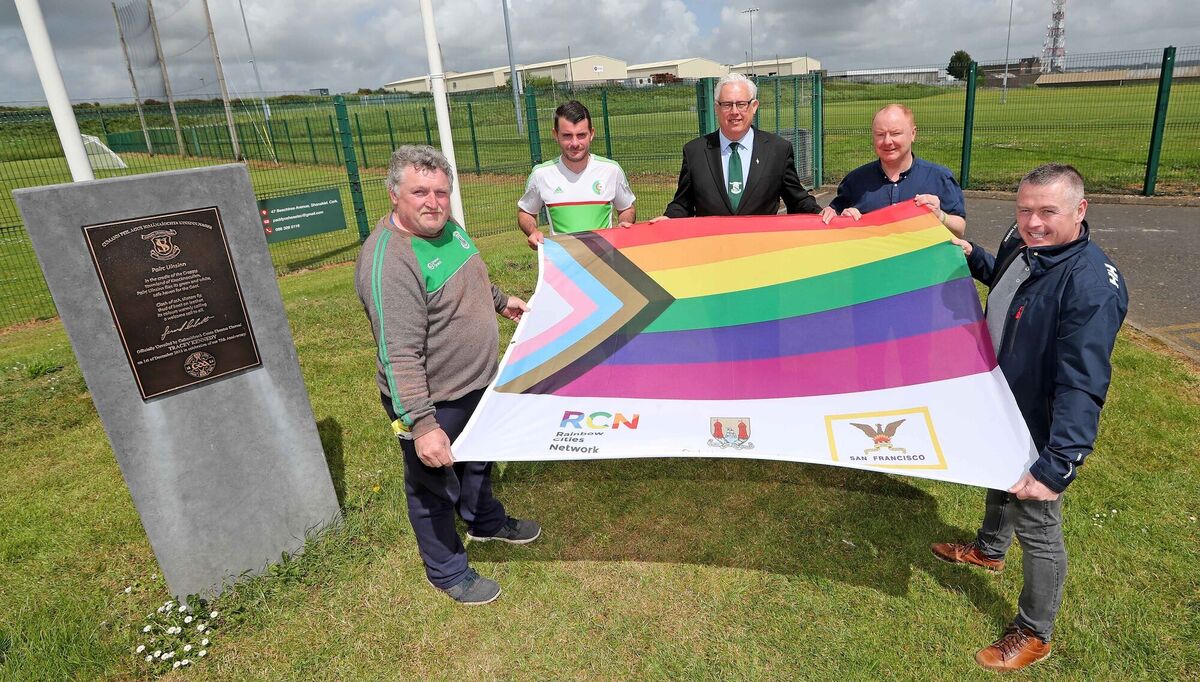 Ian O'Connor; chairperson, Thomas Gould; PRO, Mick Nugent; and treasurer, Kenneth Collins at St Vincent's GAA Club with the Intersectional Pride Flag. Picture: Jim Coughlan. Ian O'Connor; chairperson, Thomas Gould; PRO, Mick Nugent; and treasurer, Kenneth Collins at St Vincent's GAA Club with the Intersectional Pride Flag. Picture: Jim Coughlan.