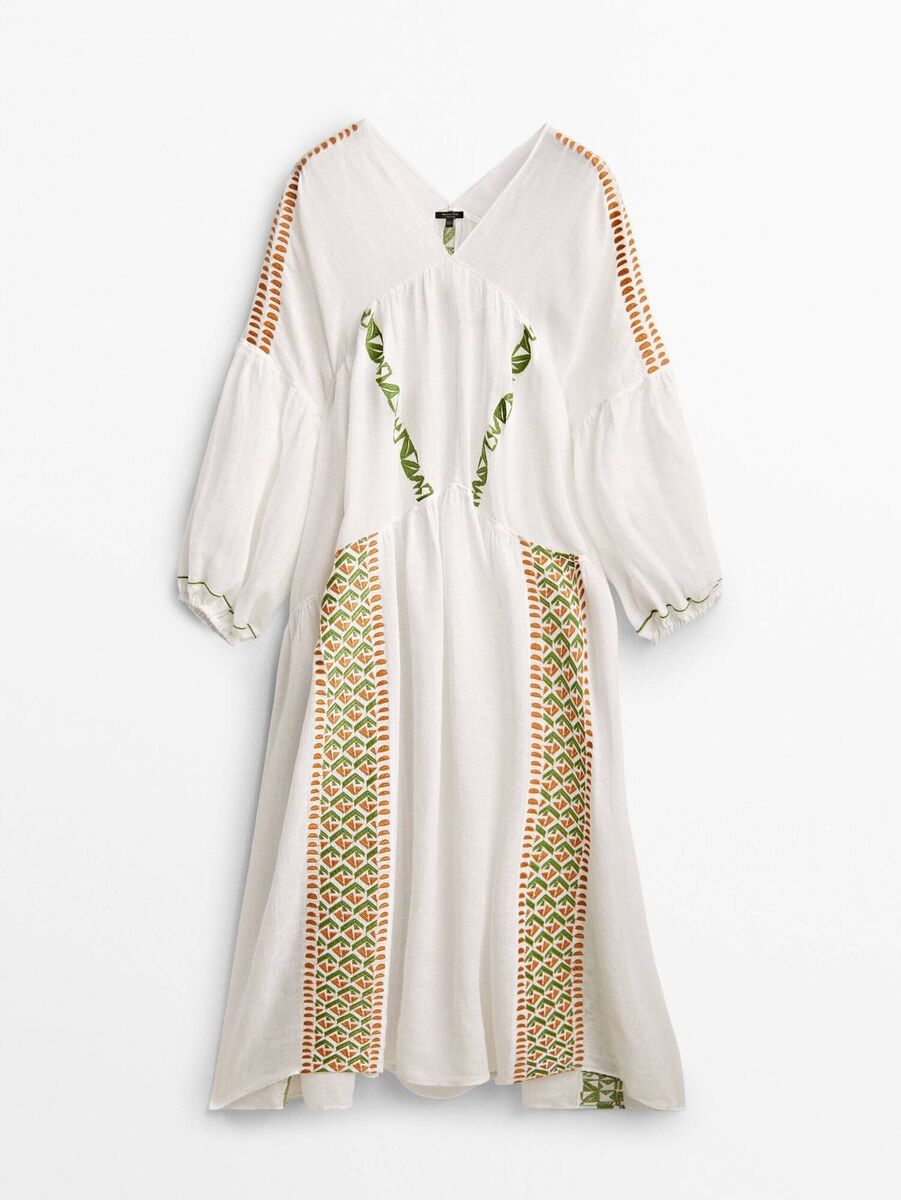Embroidered oversized linen dress, Massimo Dutti, €169. Embroidered oversized linen dress, Massimo Dutti, €169.