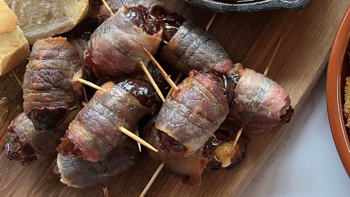 Dates stuffed with Goat Cheese, Almond, and Bacon