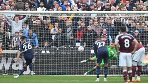 <p>Manchester City's Algerian midfielder Riyad Mahrez misses to score a penalty kick during the English Premier League football match between West Ham United and Manchester City at the London Stadium, in London on May 15, 2022.  (Photo by JUSTIN TALLIS/AFP via Getty Images)</p>