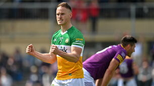 <p>22 May 2022; Declan Hogan of Offaly celebrates at the final whistle of the Tailteann Cup Preliminary Round match between Wexford and Offaly at Bellefield in Enniscorthy, Wexford. Photo by Brendan Moran/Sportsfile</p>