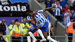 Danny Welbeck celebrates Brighton’s third goal against West Ham (Gareth Fuller/PA).