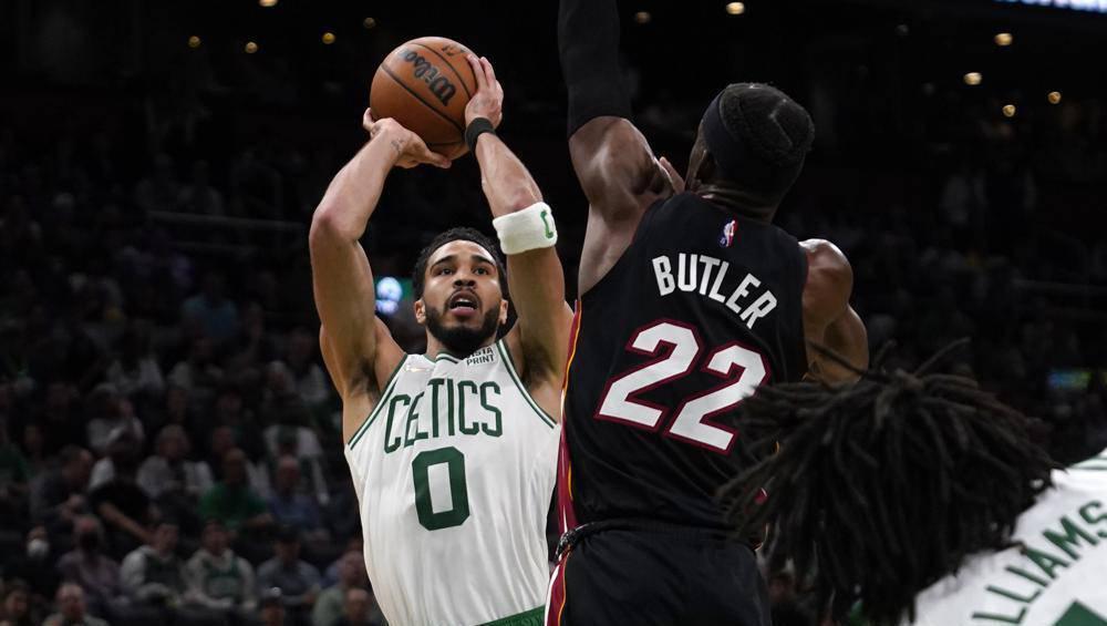 NBA play-offs: Boston Celtics torch Miami Heat early, even series with 102-82 blowout
