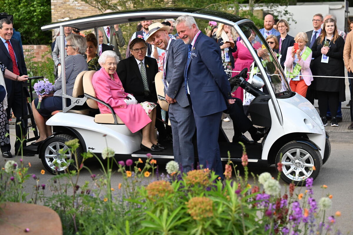 Queen Elizabeth II sitting in a buggy during a visit by members of the royal family to the RHS Chelsea Flower Show 2022, at the Royal Hospital Chelsea, in London, on Monday. Queen Elizabeth II sitting in a buggy during a visit by members of the royal family to the RHS Chelsea Flower Show 2022, at the Royal Hospital Chelsea, in London, on Monday.