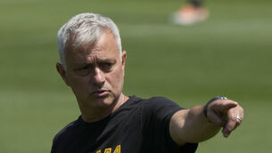 <p>Roma's head coach Jose Mourinho gives directions during a training session at the Fulvio Bernardini center in Rome, Tuesday, May 24, 2022, ahead of their Europa Conference League final match against Feyenoord. (AP Photo/Alessandra Tarantino)</p>