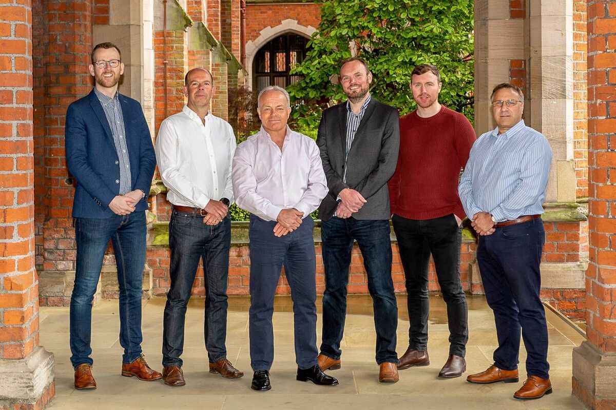 From left to right: Stuart Gaffikin (Clarendon Fund Managers), Stuart Gibson (CFO), Ashley Cooper (CEO), Prof Brian Green (CSO), Oisin Lappin (QUBIS), Dr Chris Nicklin (CTO).