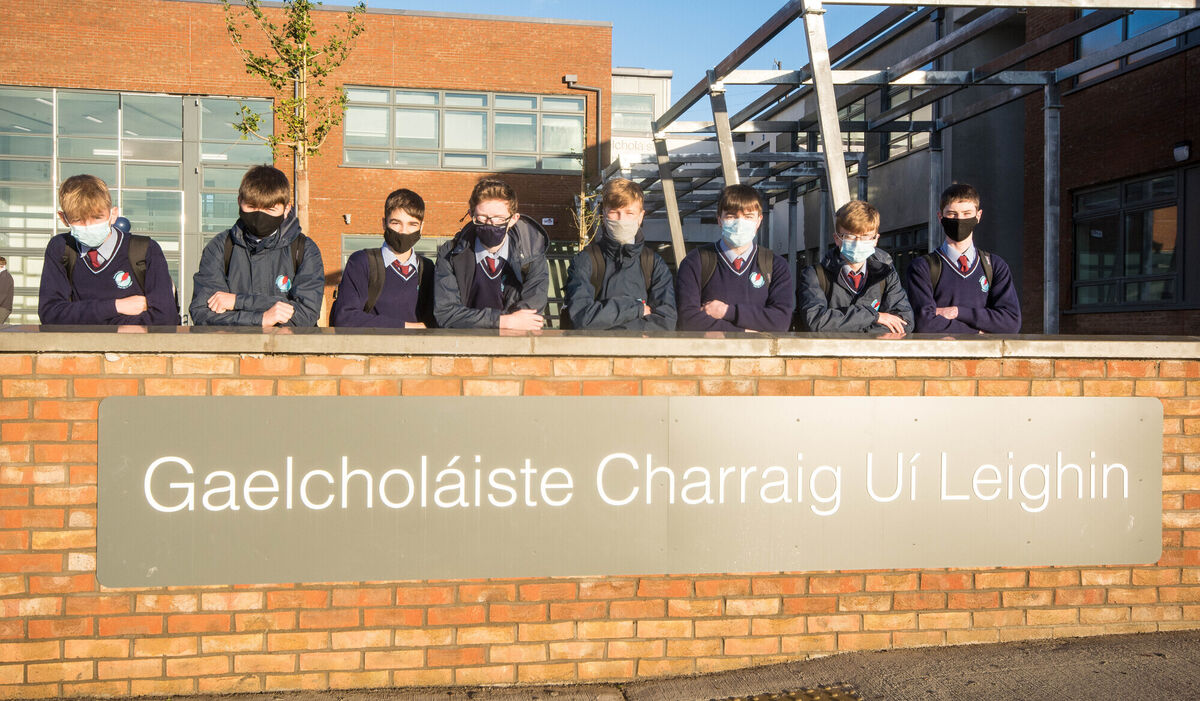  Second year students pictured outside the new Gaelcoláiste which opened its doors November 1st 2021. Picture: Howard Crowdy
