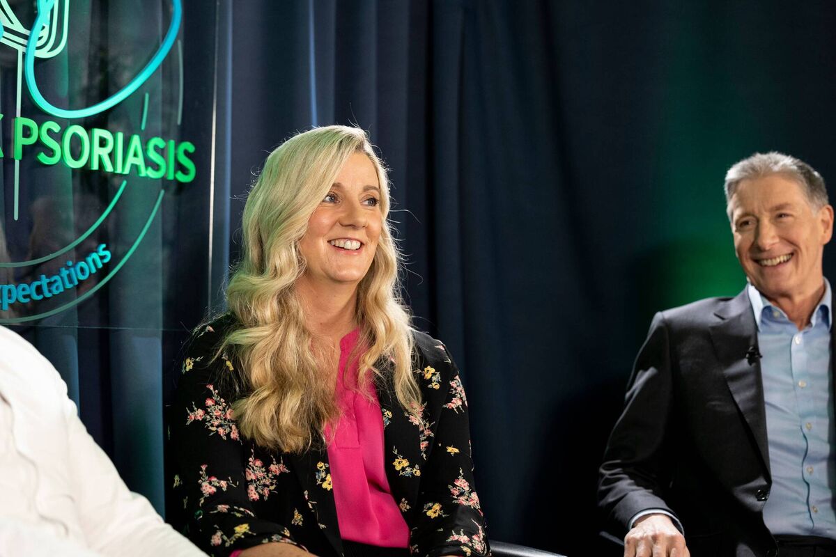 Gráinne O’Leary, Chief Executive of Artrithis Ireland, with Prof. Doug Veale, Consultant Rheumatologist, St Vincent’s University Hospital Dublin, on-set for the PsO Let’s Talk Psoriasis series.