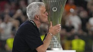 <p>Jose Mourinho’s Roma won the inaugural Europa Conference League 1-0 against Feyenoord (Thanassis Stavrakis/AP)</p>