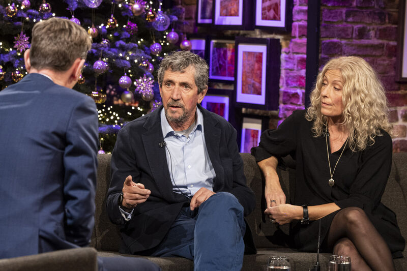 Former RTÉ presenter Charlie Bird and his wife Claire Mould speaking to Ryan Tubridy about his diagnosis with Motor Neurone Disease on RTÉ’s The Late Late Show. Picture Andres Poveda