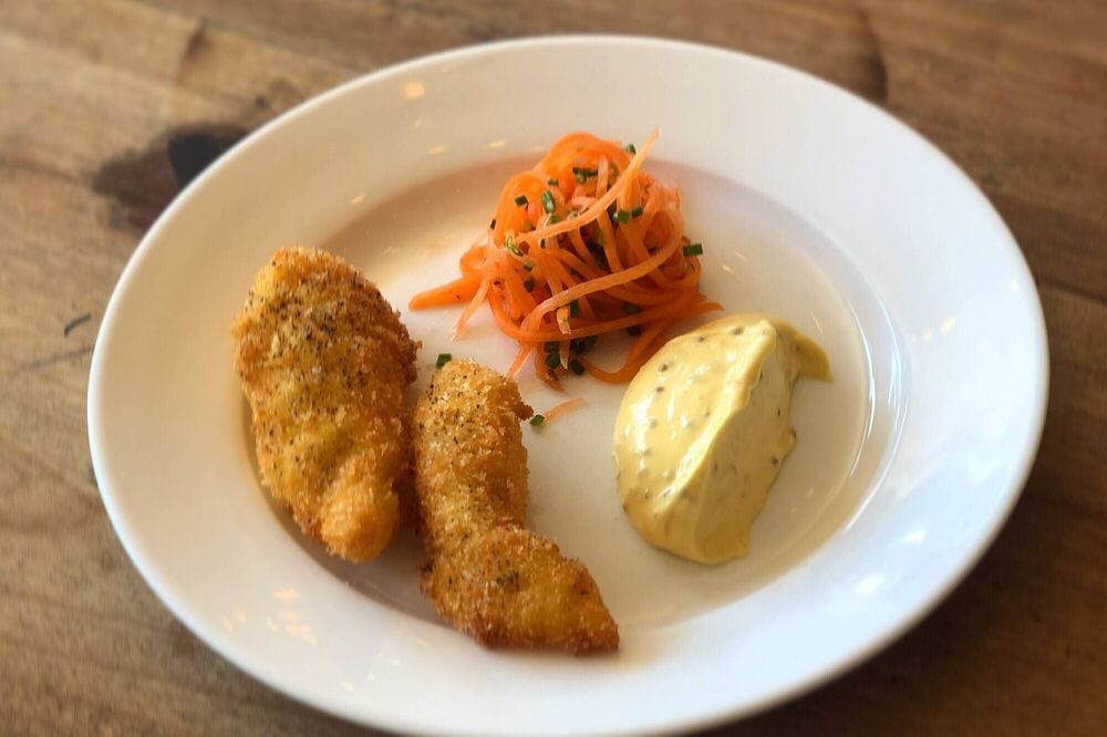 Fried Monkfish with Carrot Salad and Mustard Mayonnaise