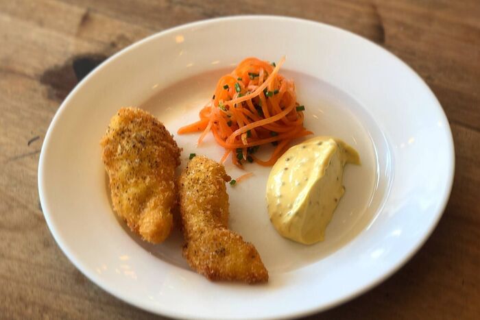 Fried Monkfish with Carrot Salad and Mustard Mayonnaise