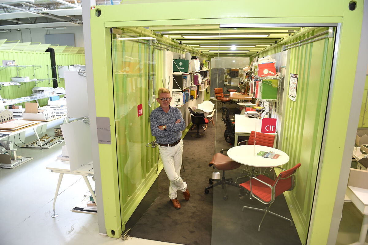 Dr Marc Ó Riain in his 'container' office at The Architecture Factory, Munster Technological University (formerly CIT). Picture: Larry Cummins