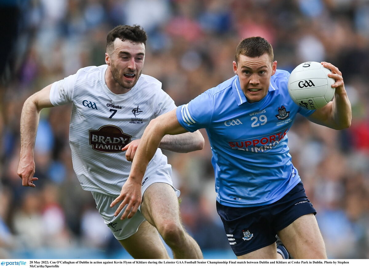 28 May 2022; Con O'Callaghan of Dublin in action against Kevin Flynn of Kildare during the Leinster GAA Football Senior Championship Final match between Dublin and Kildare at Croke Park in Dublin. Photo by Stephen McCarthy/Sportsfile
