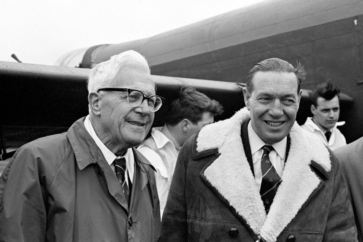Photo dated 1967 of Dr Barnes Wallis (left), inventor of the 'bouncing bomb', in front of a Lancaster bomber. Picture: PA