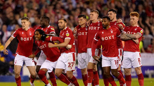 Nottingham Forest’ players celebrate getting to the play-off final (Zac Goodwin/PA)