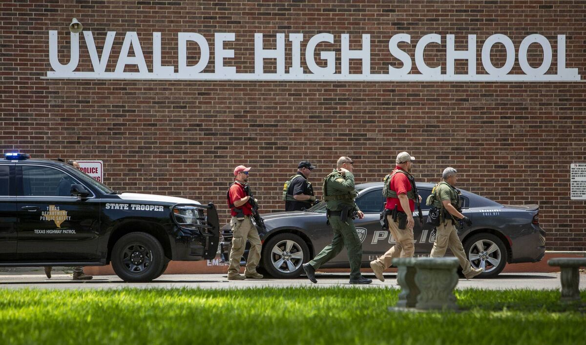 Law enforcement personnel outside Uvalde High School after shooting a was reported at Robb Elementary School last week in Uvalde, Texas. Picture: William Luther/The San Antonio Express-News/AP Law enforcement personnel outside Uvalde High School after shooting a was reported at Robb Elementary School last week in Uvalde, Texas. Picture: William Luther/The San Antonio Express-News/AP