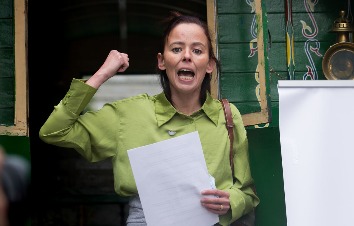 Senator Eileen Flynn at the protest: ‘The shame that I feel as a senator sitting in that House is unbelievable. We are the worst treated people in Irish society.’ Picture: Gareth Chaney/Collins