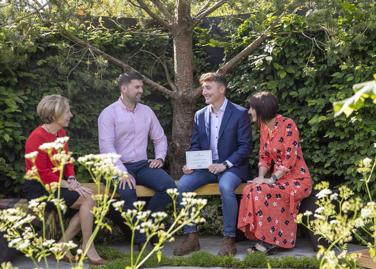 Tara McCarthy, Chief Executive Bord Bia, and Kerrie Gardiner, Show Garden Manager Bord Bia, Bloom, present designers Seán O’Malley and Oisín Griffin with a Gold Medal for the Pathways to Home Garden, sponsored by Peter McVerry Trust. Tara McCarthy, Chief Executive Bord Bia, and Kerrie Gardiner, Show Garden Manager Bord Bia, Bloom, present designers Seán O’Malley and Oisín Griffin with a Gold Medal for the Pathways to Home Garden, sponsored by Peter McVerry Trust.