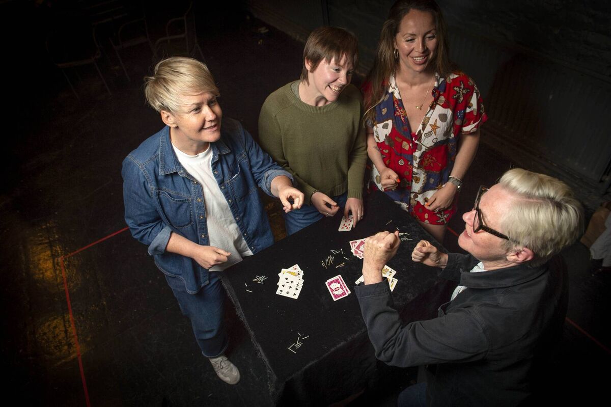 The cast of Guests of the Nation in rehearsal: Amy Conroy, Chloe O'Reilly, Liz Fitzgibbon, and Gina Moxley. Picture: Michael Mac Sweeney/Provision