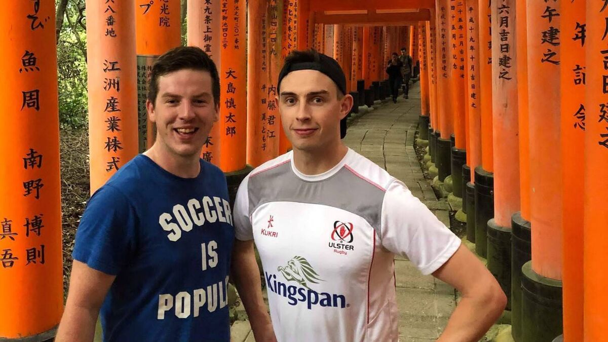 Jack Cantillon and Graham Dunn, two members of the ‘The Whiskey Barons’ who have invested in a Descendants Cask with Dingle Distillery, pictured here at the 2019 Rugby World Cup in Kyoto.