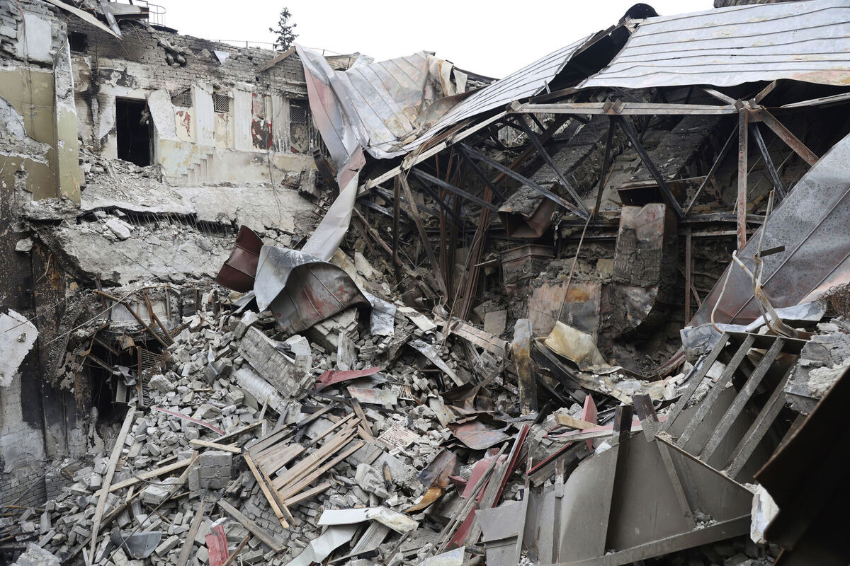 Rubble from the damaged Donetsk Academic Regional Drama Theatre sits after the March 16, 2022, bombing in Mariupol. Picture: AP Photo/Alexei Alexandrov