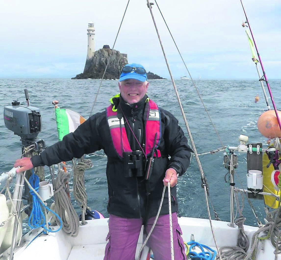 Richard Nairn sailing past Fastnet Rock. Nairn’s book features several pictures of him along the Irish coast as well as an abundance of maps.