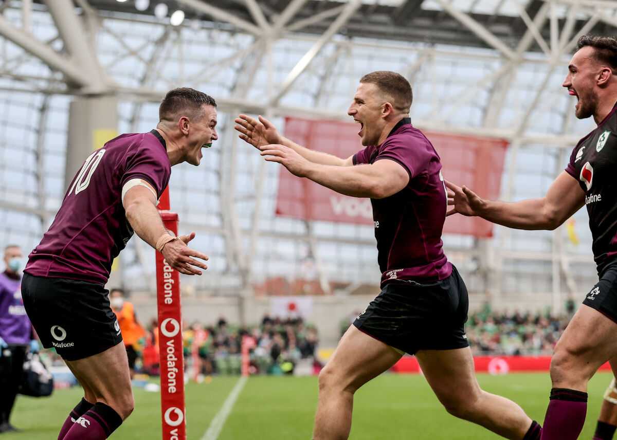 Johnny Sexton (left) celebrates after scoring a try on his 100th cap for Ireland with Andrew Conway. Picture: INPHO/Dan Sheridan Johnny Sexton (left) celebrates after scoring a try on his 100th cap for Ireland with Andrew Conway. Picture: INPHO/Dan Sheridan