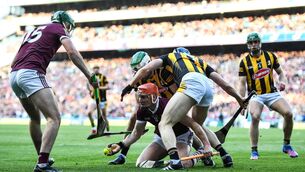 <p>4 June 2022; Conor Whelan of Galway in action against Paddy Deegan and Huw Lawlor of Kilkenny during the Leinster GAA Hurling Senior Championship Final match between Galway and Kilkenny at Croke Park in Dublin. Photo by Ramsey Cardy/Sportsfile</p>