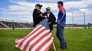 <p>Offaly and New York supporters after the Tailteann Cup quarter-final at O'Connor Park in Tullamore. Photo by David Fitzgerald/Sportsfile</p>