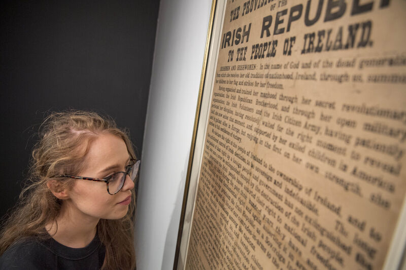 Maeve McTaggart reading the Proclamation at the exhibit launch in the Glucksman Gallery, UCC. Maeve McTaggart reading the Proclamation at the exhibit launch in the Glucksman Gallery, UCC.