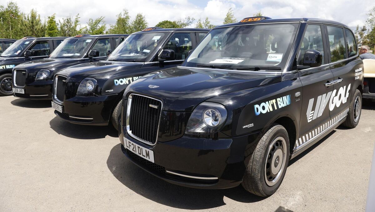 LIV Golf branded taxis at the Centurion Club, in Hertfordshire