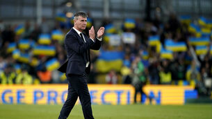 <p>Republic of Ireland manager Stephen Kenny applauds the fans at the end of the match during the UEFA Nations League match at the Aviva Stadium in Dublin, Ireland. Photo credit: Niall Carson/PA Wire.</p>