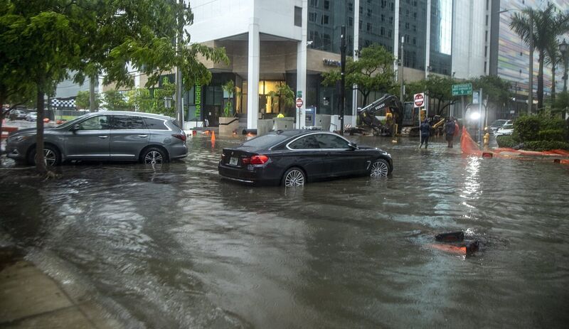 Rainfall from Tropical Storm Alex floods the Brickell area near downtown Miami, Saturday, June 4, 2022. Picture: Pedro Portal/Miami Herald via AP