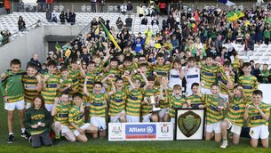<p>Beaumont NS players celebrate winning the H1 final in the Allianz Sciath na Scol Chorcaí Festival of Hurling &amp; Camogie Finals at Pairc Uí Chaoimh. </p>
