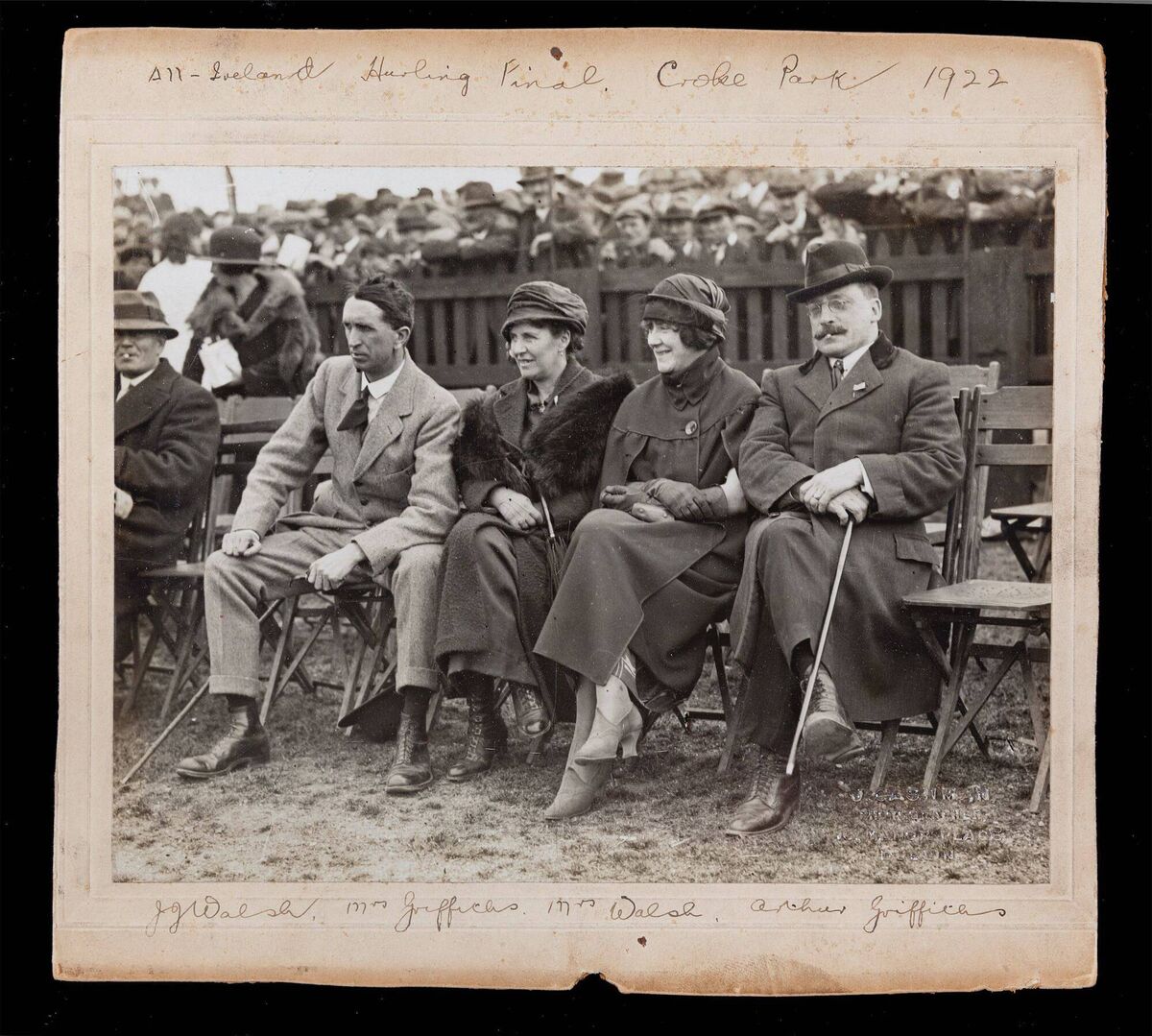 JJ Walsh, Mrs Griffiths, Mrs Walsh, and Arthur Griffiths in Croke Park for the delayed 1920 All-Ireland Hurling Final. Picture: Cork Museum