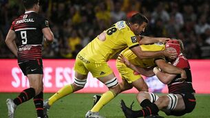 <p>Toulouse's French lock Thibaud Flament (R) is tackled during the French Top 14 rugby union match against La Rochelle at the Ernest Wallon stadium in Toulouse on Saturday. </p>