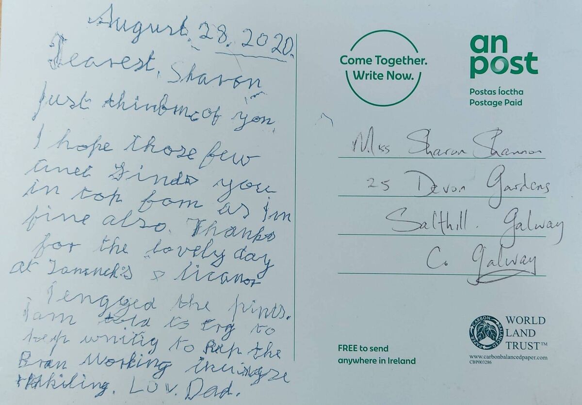 postcard written to Sharon Shannon by her father postcard written to Sharon Shannon by her father